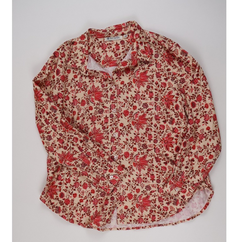 Ros Garden Corduroy Button Down Shirt Red Floral XS
